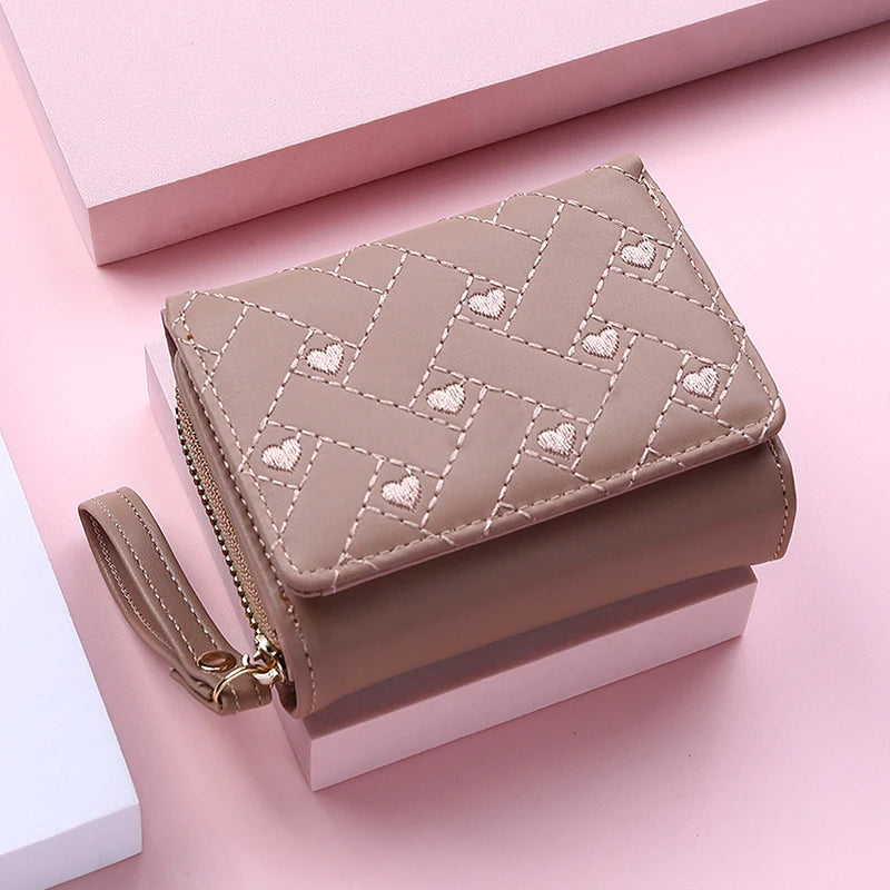 Women's Wallet Tri Fold Card Bag PU Multi Objects Pocket Short Fashion Embroidered Love Pattern Korean Minimalist New 2024 - 