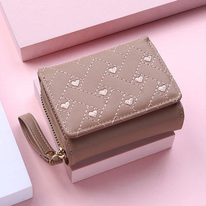 Women's Wallet Tri Fold Card Bag PU Multi Objects Pocket Short Fashion Embroidered Love Pattern Korean Minimalist New 2024 - 