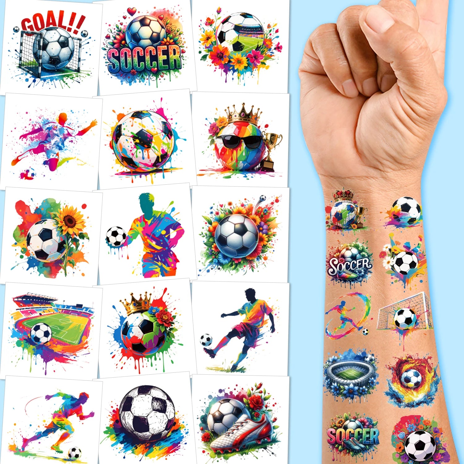 10 Sheets Soccer Sports Temporary Tattoos | Super Colorful Soccer Themed Birthday Party Favors, Supplies, Decorations