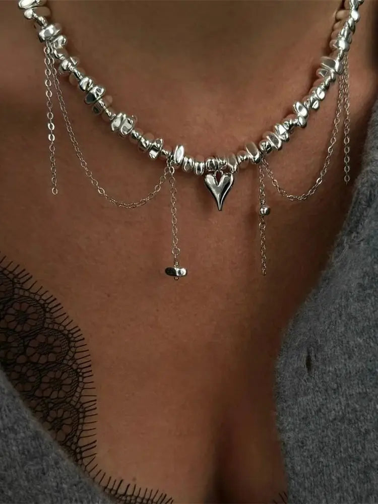 Fashion Vintage Silver Color Geometric Bead Chain Necklace For Women Female Boho Tassel Heart Pendant Jewelry - NES-25919-11