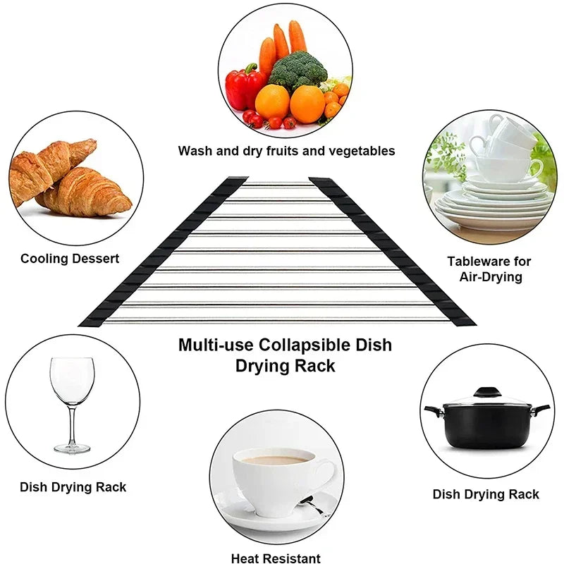 Roll Up Triangle Dish Drying Rack Kitchen Sink Organizer Corner Over the Sink Sponge Rag Holder Foldable Stainless Steel Drai