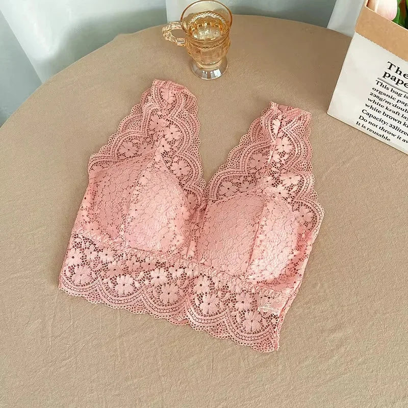 Lace Bras Top Women Deep V Neck Sexy Lingerie Wire Free Bra Tank Tops Female Underwear V Back Bralette Padded Camisole - Pink