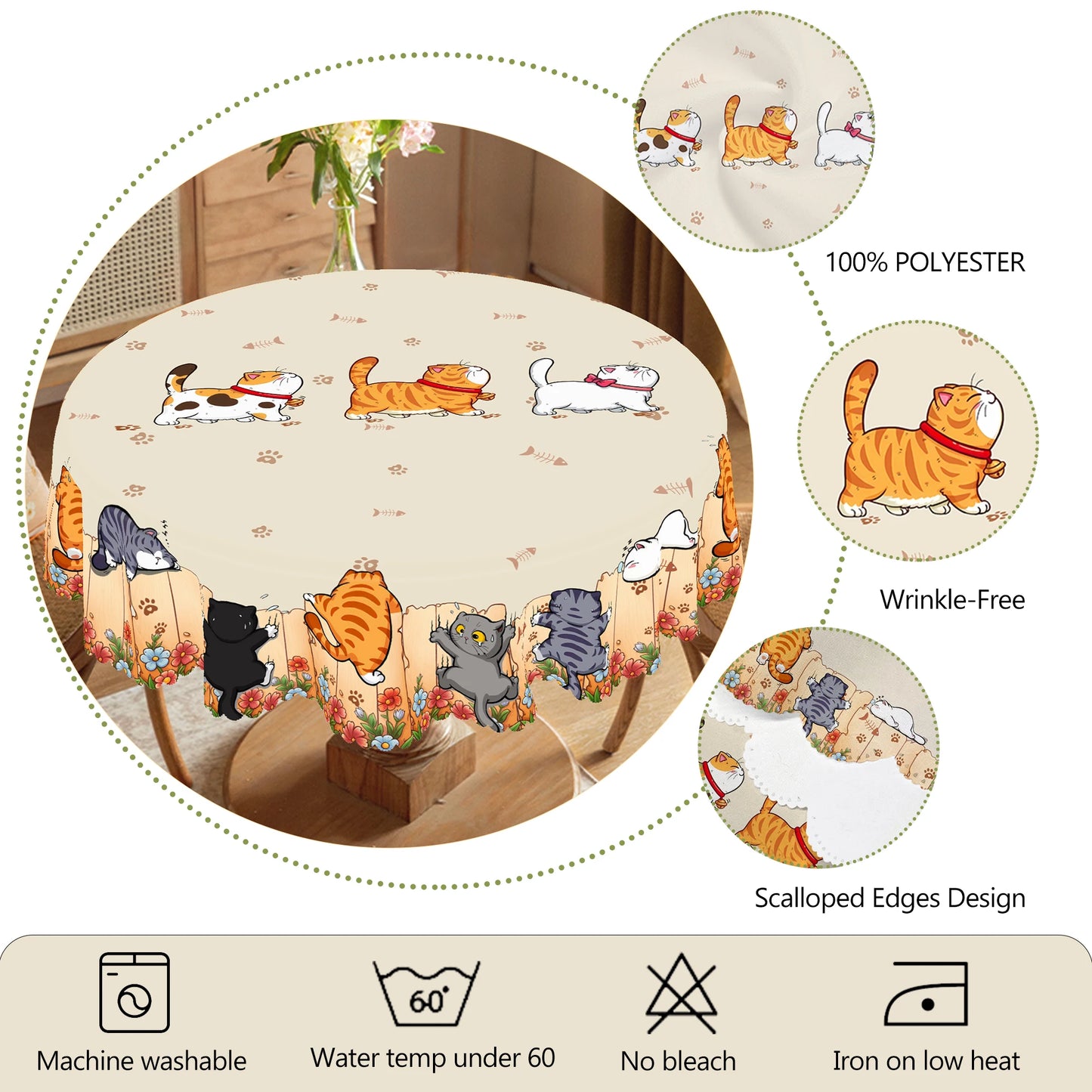 1 Piece of Cute Cat Round Tablecloth, 5 Sizes Available, Cute Cartoon Cat Pattern Printed Desk Tablecloth, Edge Embossing Pro