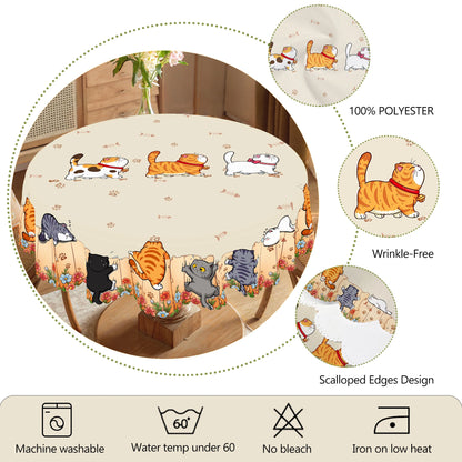1 Piece of Cute Cat Round Tablecloth, 5 Sizes Available, Cute Cartoon Cat Pattern Printed Desk Tablecloth, Edge Embossing Pro