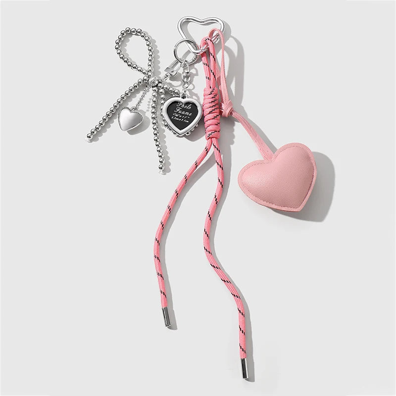 Luxury Charm Tassel Love Heart Pendant Handmade Creative Bowknot Keychain Cute Glossy Pendant Keychain Bag Accessories - pink