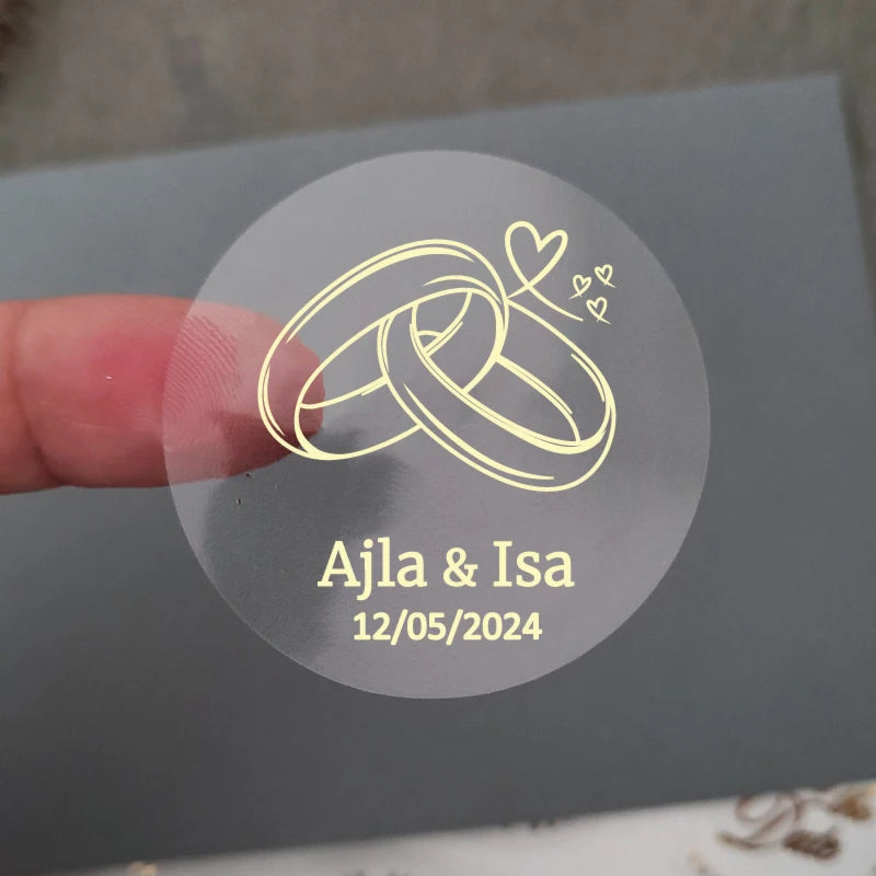 50 X Foiled Wedding Monogram Initials Stickers, Personalised Wedding Favour Labels, Custom Shiny Foil Gold Transparent