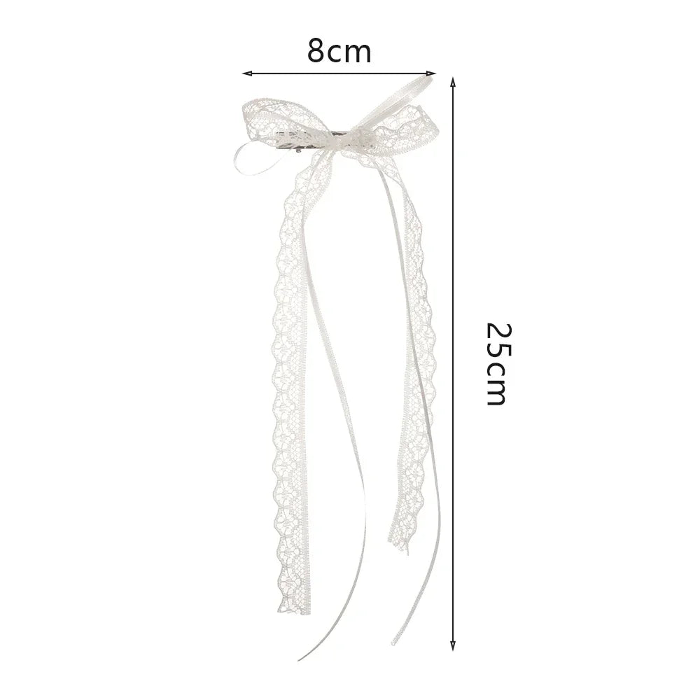 2Pcs White Sweet Lace Long Bow Hair Clip Women Girls Ribbon Tassel Bowknot Hair Pins Braid Barrettes Trend Hollow Out Headwea