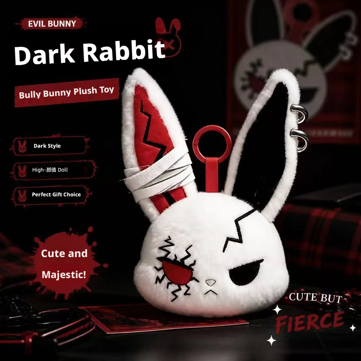 Hot Gothic Bunny Plush Keychain RabbitBag Charm with Bandage Desian Kawaii Key Ring Pendant Car Bag Ornament Gift To - red ey