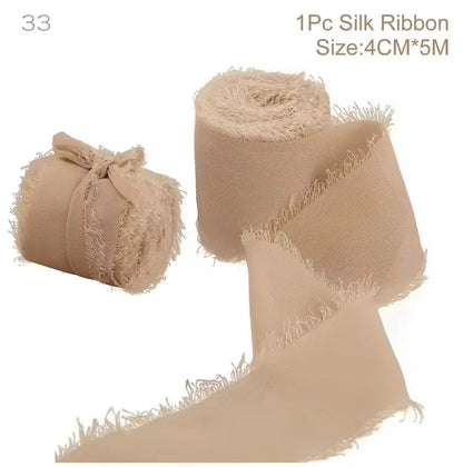 5m/Roll Frayed Silk Ribbon Edged Wrinkle Chiffon Handmade Ripped Wedding Party Flower Bouquet Gift Packing Decorations DIY Cr