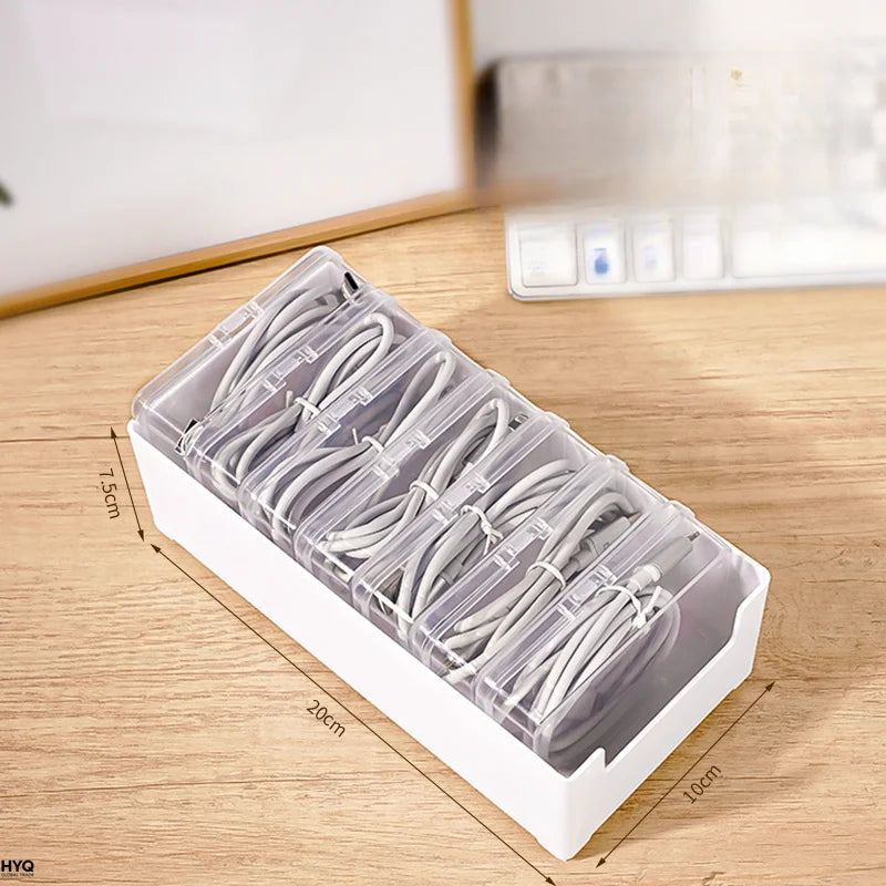 Data Cable Storage Box with 7 Small Compartment Boxes, Desktop Cable Organizer for Office Desk