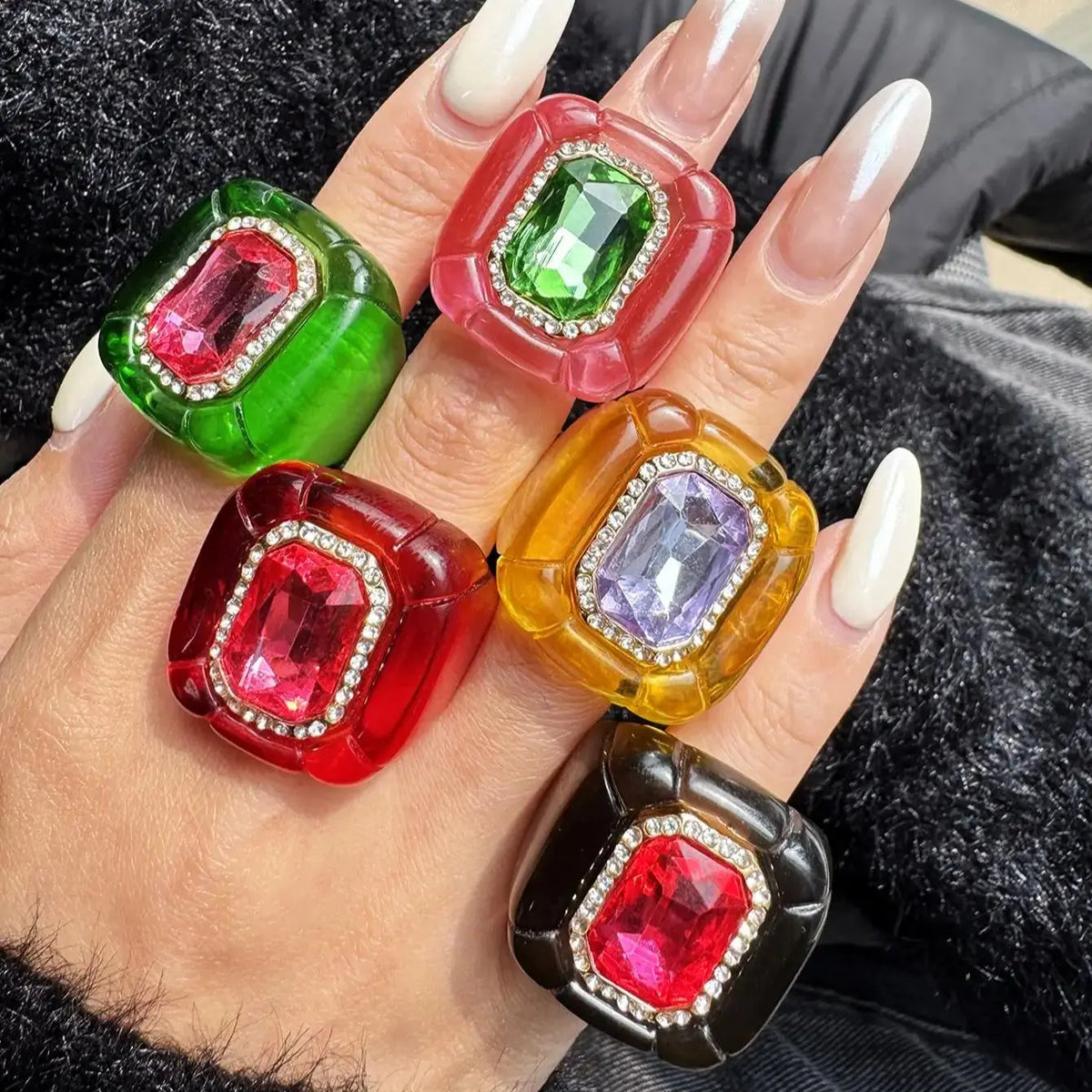 Colorful Diamond-Studded Gemstone Resin Ring Sparkling, Unique, Fashionable Women's Jewelry Perfect for Parties Banquets NEW