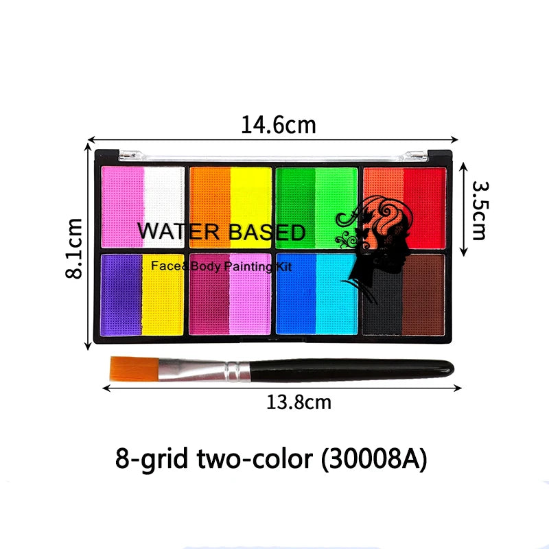 Palette Rainbow Stripe Paint Set with Brushes, Water Based Dual-Tone Face and Body Paint Palette, Christmas Halloween Cosplay