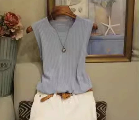 2026 Summer New Fashion Knitted Vests O-neck Sleeveless Casual Thin Tops Sleeveless Blouse Women Shirt - Blue