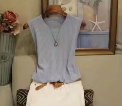 2026 Summer New Fashion Knitted Vests O-neck Sleeveless Casual Thin Tops Sleeveless Blouse Women Shirt - Blue