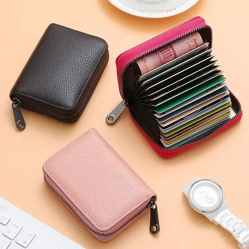 Multi Slot Card Holder Vintage Small Wallet Women Men Business Bank Credit Card Bag Male Coin Pouch Solid Leather Zipper Wall