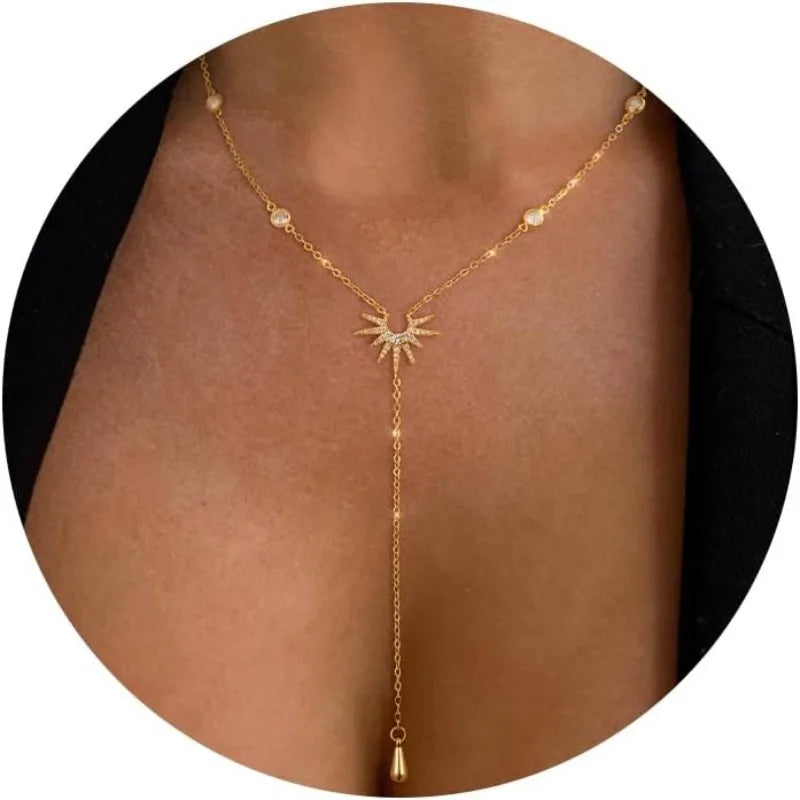 Lariat Gold Necklace for Women 14K Gold Plated Layered CZ Y-Shaped Pendant Drop Dangle Necklaces for Mom Teen Girls Jewelry G