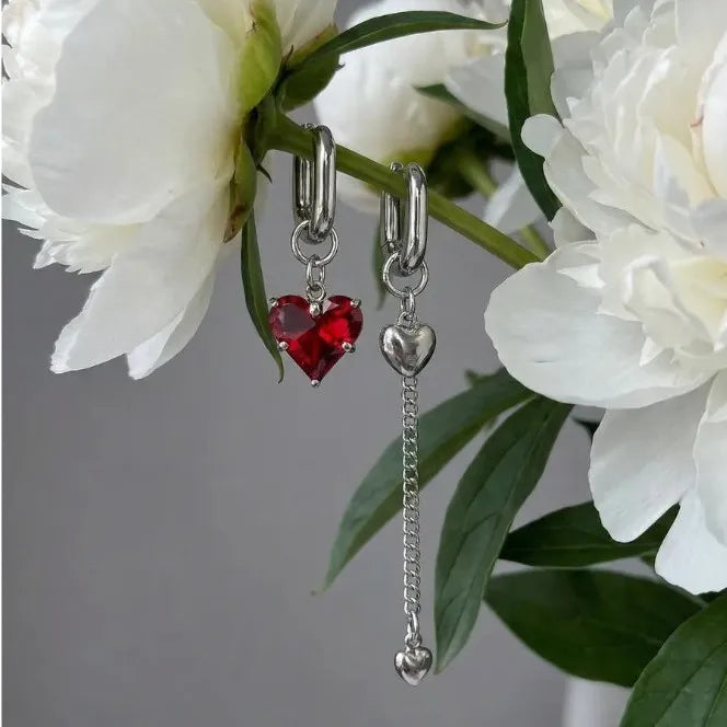 Fashion Tassel Zircon Heart Asymmetric Long Earrings