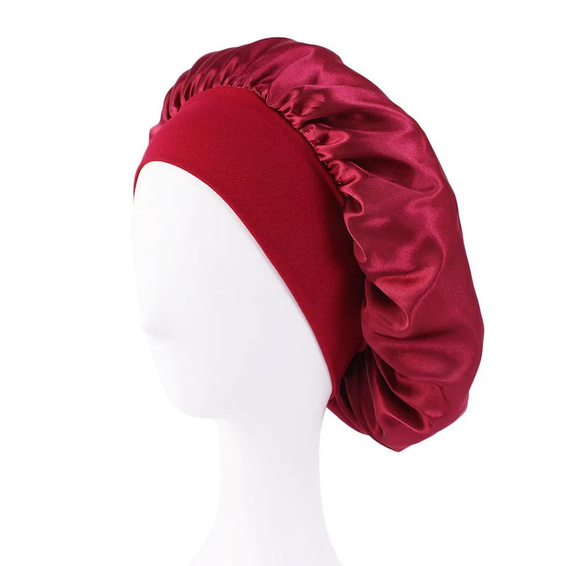 Women's Satin Solid Bonnets Wide-brimmed Night Sleeping Bathing Hat Unisex Head Wrap Elastic Band Cap Hair Care Bonnet - wine