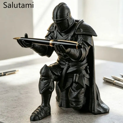 Pen Holder 3D Printed Medieval Knight Black Silver Warrior Statue Desk Organizer Creative Office Desktop Decor Stationery Gif