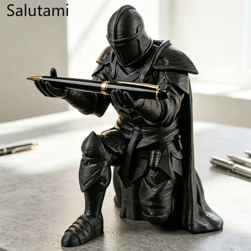 Pen Holder 3D Printed Medieval Knight Black Silver Warrior Statue Desk Organizer Creative Office Desktop Decor Stationery Gif