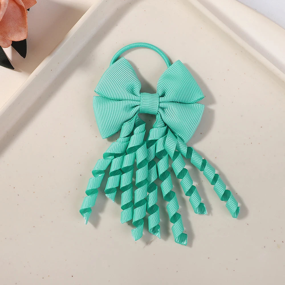 Baby Girls Back To School Ribbon Curly Hair Bow with Ties Rope Elastic Hairbands Kids Ponytail Holder Bowknot Hair Accessorie