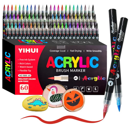12/24/36/48/60 Colors Acrylic Paint Pens Markers Brush Tip Paint Markers For Rock Painting Wood Stone Glass Gift DIY Crafts