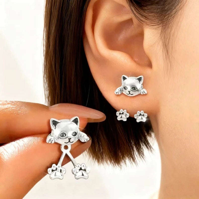 Vintage Funny Silver Color Cat Earring for Women Cute Animal Kitten Back Hanging Earrings Party Banquet Piercing Jewelry