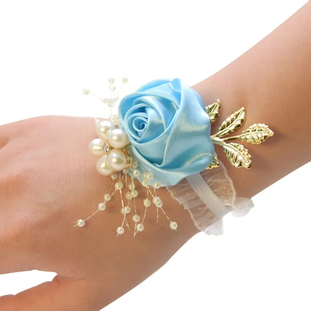 Bridesmaid Wrist Flowers Rose Corsage Pearl Polyester Ribbon Bracelet Wedding Accessories - aqua blue