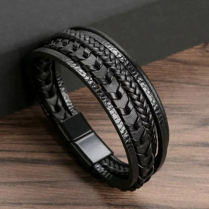 1pc Fashion Accessories MEN'S Multi-layered Vintage Leather Rope Braided Bracelet Alloy Magnetic Buckle Bracelet - Black