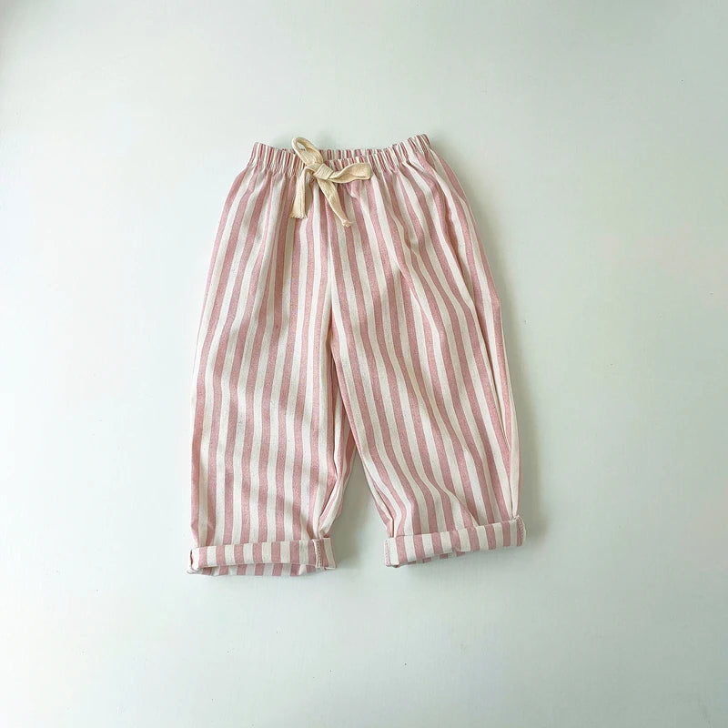 Children's Clothing Vintage Linen Cotton Stripe Pants Baby Boy Girl Casual Shorts Spring Summer Girls Loose Trousers and Shor