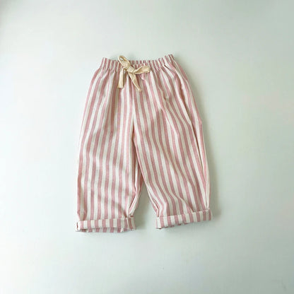 Children's Clothing Vintage Linen Cotton Stripe Pants Baby Boy Girl Casual Shorts Spring Summer Girls Loose Trousers and Shor