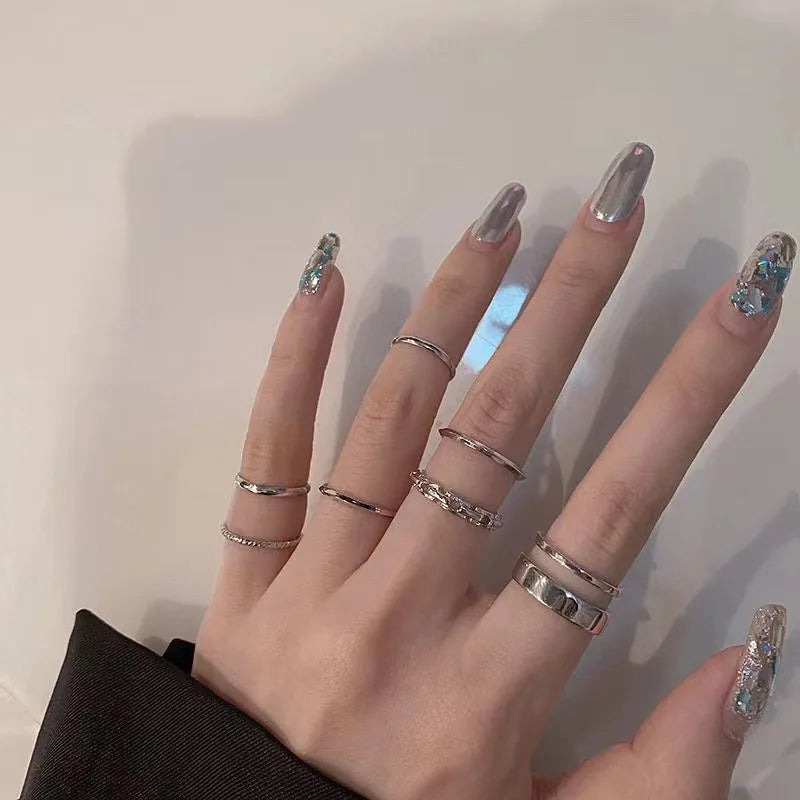 Punk Simple Rings Set Silver Color Geometric Hollw Wide Ring Set Women's Vintage Joint Hiphop Finger Rings Jewelry - 04