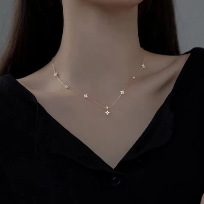 Crystal Four Leaf Flower Bracelet for Women Clasic Trendy Gold Color Stainless Steel Zircon Bangle Jewelry Gift - gold neckla