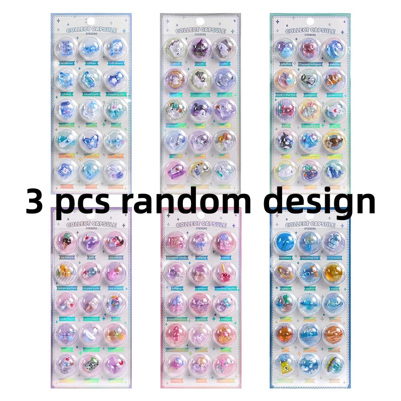 3 pcs/6 pcs Random 3D Creative Space Food Cartoon Round Relief Stickers Scrapbooking Diy Journal Cute Stationery Sticker - 3 