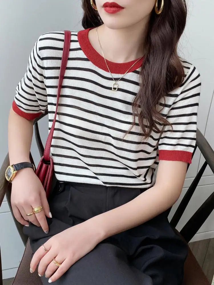 2026 Stripe Tops Women Knitted Round Collar Summer Print Short Sleeve Casual Simple Wild T-Shirt - Black red stripe