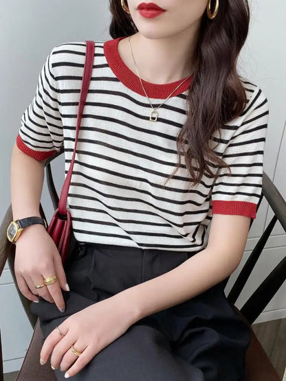 2026 Stripe Tops Women Knitted Round Collar Summer Print Short Sleeve Casual Simple Wild T-Shirt - Black red stripe
