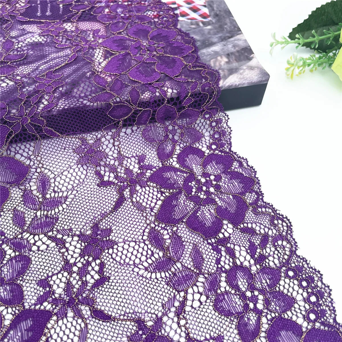 3y/lot Width 17.50cm Dark Purple Gold Elastic Stretch Lace For Skirt Hem Underwear Sewing Craft DIY Apparel Fabrics Material