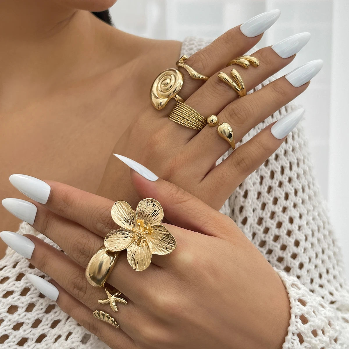 Ingemark 8Pcs/Set Vintage Metal Petal Flower Water Drop Open Rings for Women Trend 2025 Goth Geometric Ring Daily Jewelry Gif