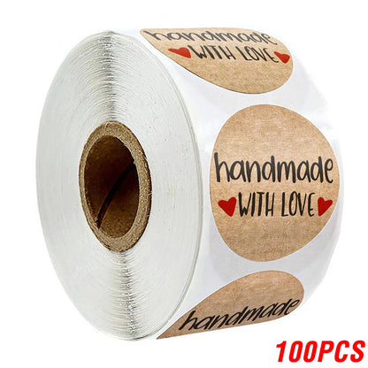 100-500pcs 1inch Vintage Kraft Paper Handmade With Love Stickers for Package Thank You Stationery Adhesive Labels Baking Seal