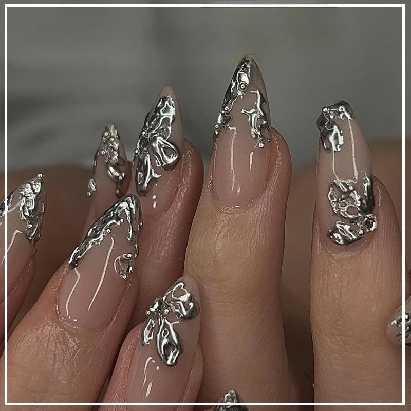 24pcs Long Almond Press on Nails False Nails with Golden Decoration Wearable Stick-on Nails Fake Nail Uñas Накладные Ногти 네일
