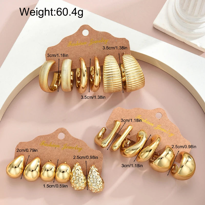 18Pcs/Set Vintage Punk Waterdrop Hoop Earring for Women Fashion Gold Silver Color Exaggerated CCB Earring Daily Wear Jewelry 