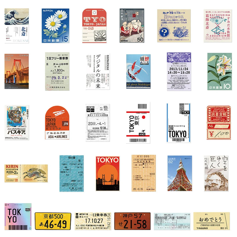 60PCS INS Style Stamp Sticker Japanese Postcard Ticket Stationery Travel Diary Luggage Waterproof Helmet Stickers