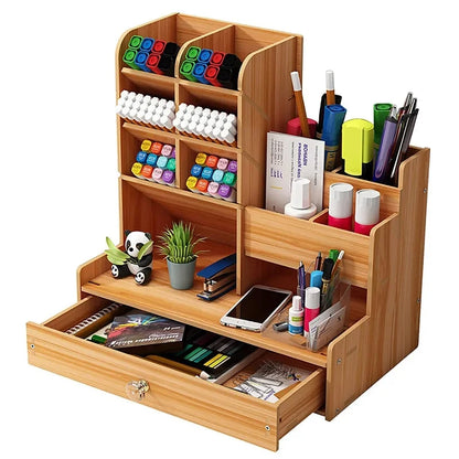 Wooden Desk Organiser DIY Desktop Tidy Pen Holder Large Capacity Stationery Storage Box with Drawer for Home Office and Schoo