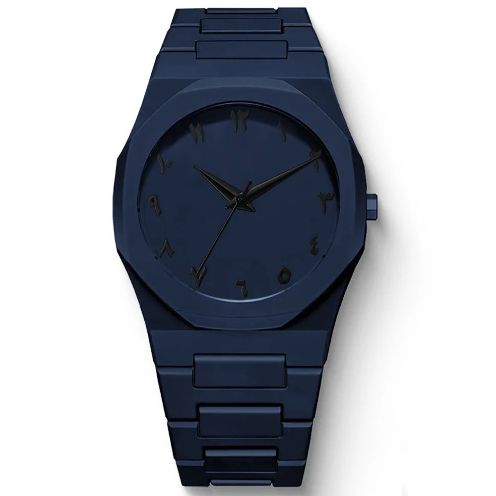 New Fashionable Men's Watch Simple Black Male Quartz Watches Arabic Digital Casual Drip Oil Strap - royal blue