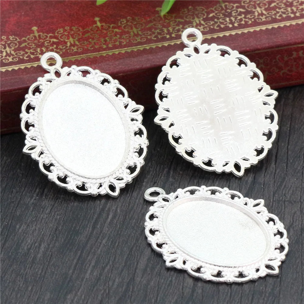 10pcs 18x25mm Inner Size 9 Colors Vintage Style Cameo Cabochon Base Setting Pendant necklace findings - Silver
