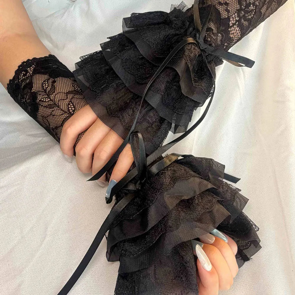 1 Pair Women Lolita Jk Lace Fingerless Gloves Black Gothic Fake Sleeves Trendy Elastic Long Lace Arm Sleeves Clothes Decorati