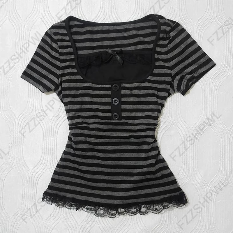 Vintage Y2K Women's Crop Top Casual Slim Chic Faux Two-Piece Color-Blocked Short Sleeve Shirts Spring Summer Striped Streetwe