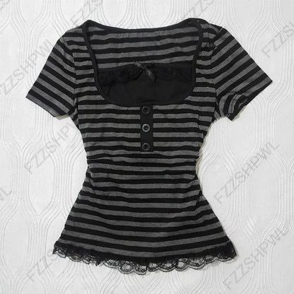 Vintage Y2K Women's Crop Top Casual Slim Chic Faux Two-Piece Color-Blocked Short Sleeve Shirts Spring Summer Striped Streetwe