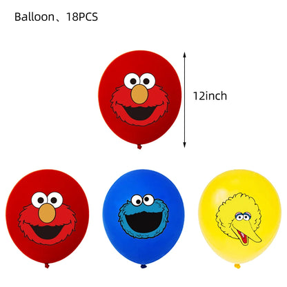 Cartoon Sesames Street Birthday Party Decor Elmo and Friends Theme Tablecloth Plate Balloon Set Cake Decor Baby Shower - 18pc