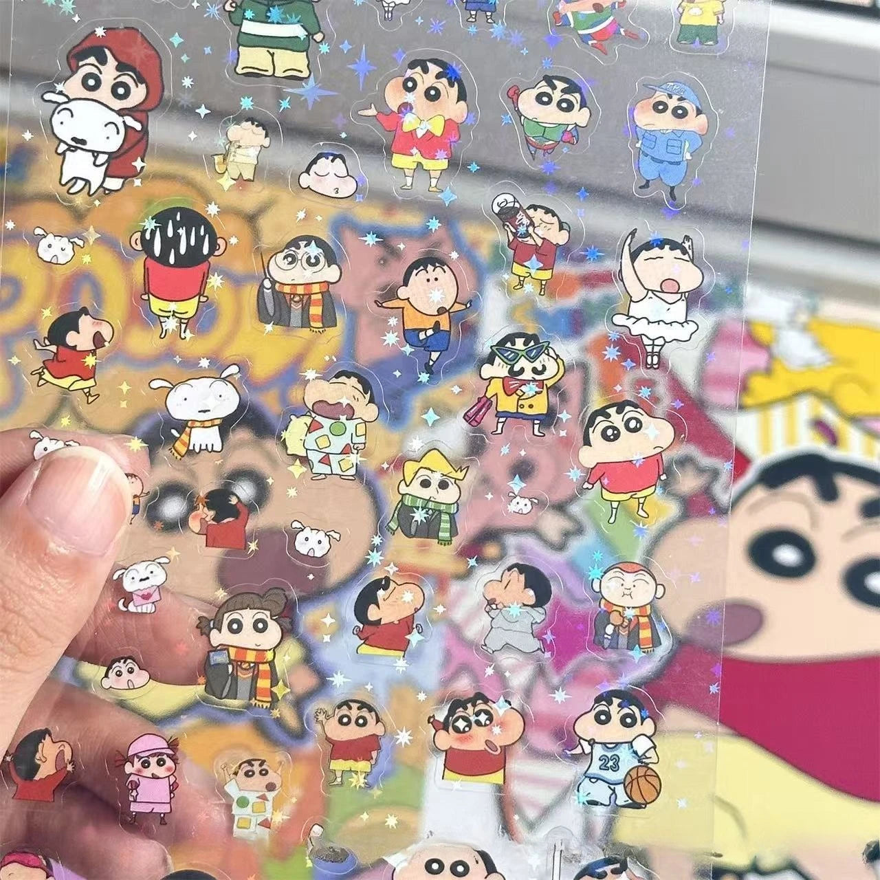 5PCS Crayon Shin Chan Double Transparent Cut Membrane Sticker DIY High-value Hand Account Decoration Laser Transparent Sticke